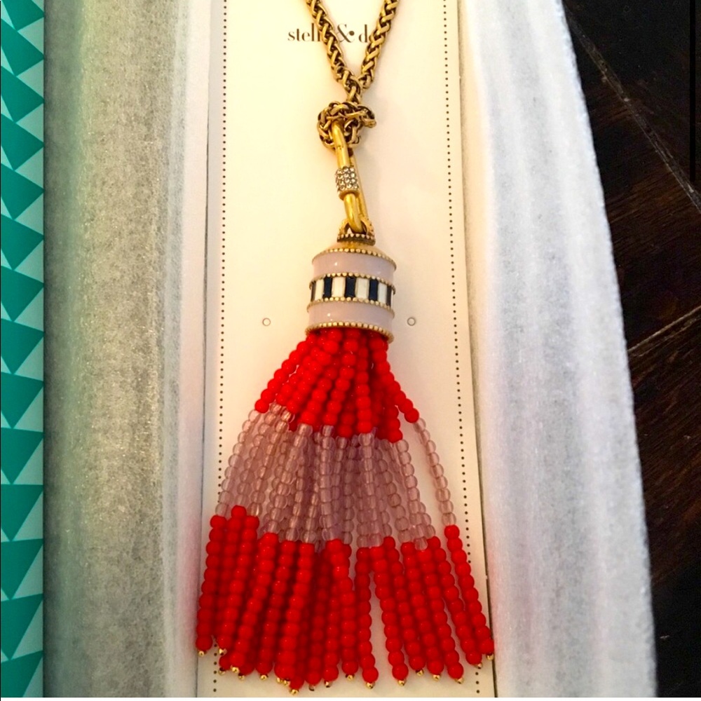 Stella & Dot | Retired Coral Red + Gold Beaded Brio Tassel Necklace - Picture 11 of 12